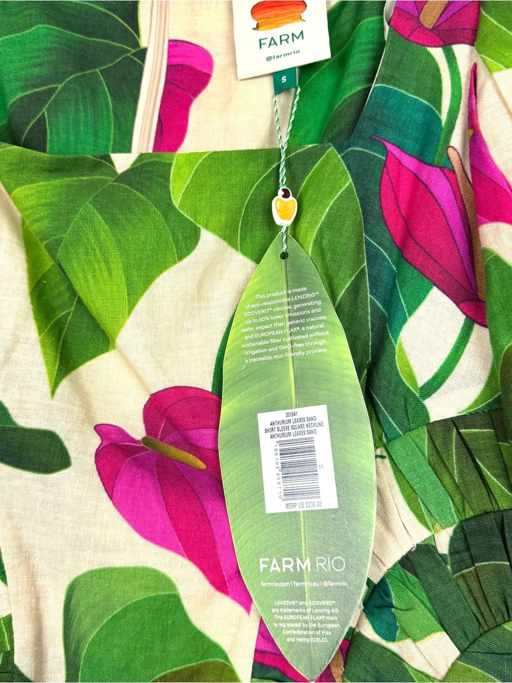New With Tags FARM Rio Cream Midi Dress with Pink Anthurium & Green Leaves Small - Picture 12 of 14